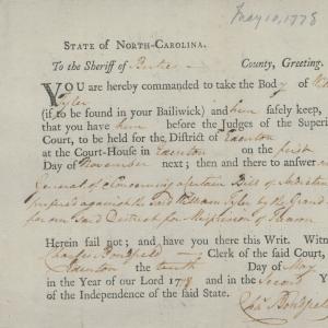 Bench Warrant from Charles Bondfield to the Bertie County Sheriff for William Tyler, 10 May 1778, page 1