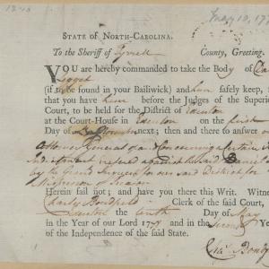 Bench Warrant from Charles Bondfield to the Tyrrell County Sheriff for Daniel Leggett, 10 May 1778, page 1