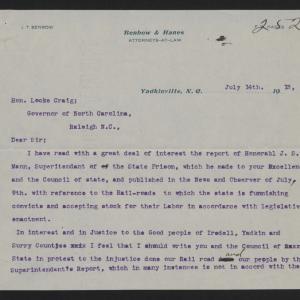 Letter from Hanes to Craig, July 14, 1913, page 1