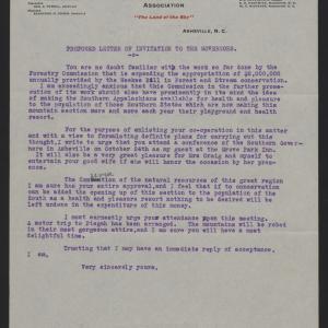 Draft of Proposed Letter of Invitation to Governors by the Greater Western North Carolina Association, circa 13 October 1913