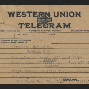 Telegram from Doyle to Bailey, August 1, 1916