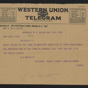 Telegram from McDevitt to Craig, August 12, 1916