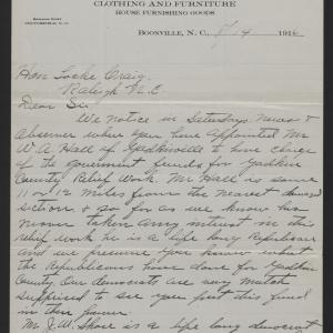 Letter from the Boonville Flood Relief Committee to Locke Craig, August 14, 1916, page 1