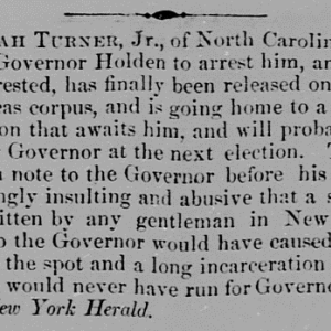 Newspaper article on Josiah Turner Jr.'s Release, 26 August 1870. Picture 1. 