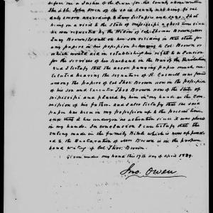Affidavit of John Owen in support of a Pension Claim for Lucy Brown, 17 April 1839, page 1
