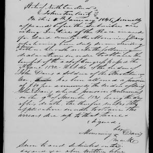 Declaration for receiving a widow's pension by Mourning Davis, 4 January 1845, page 1