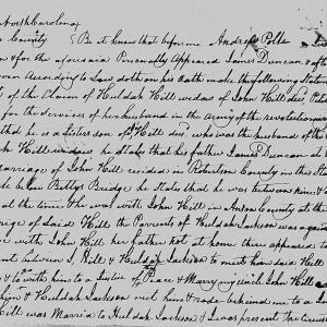 Affidavit of James Duncan in support of a Pension Claim for Huldah Hill, 30 July 1838, page 1