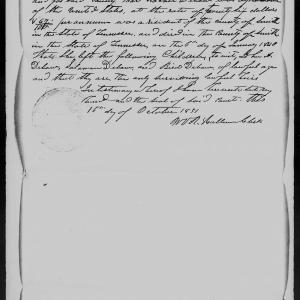 Affidavit of William V. R. Hallum in support of a Pension Claim for Rachel Debow, 16 October 1851, page 1