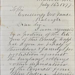 Page one of letter from A. M. Erwin to ZBV, July 16, 1877