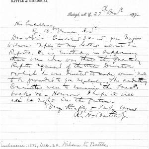 Letter from R. H. Battle to Zebulon B. Vance, 27 December 1877