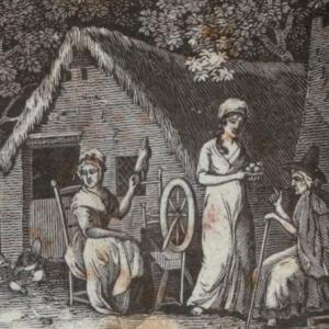 An engraving of women doing domestic tasks. 